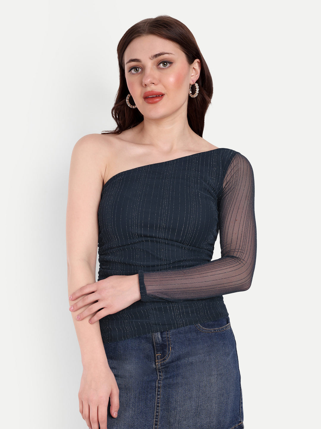 Stretchable shimmer net one-shoulder top