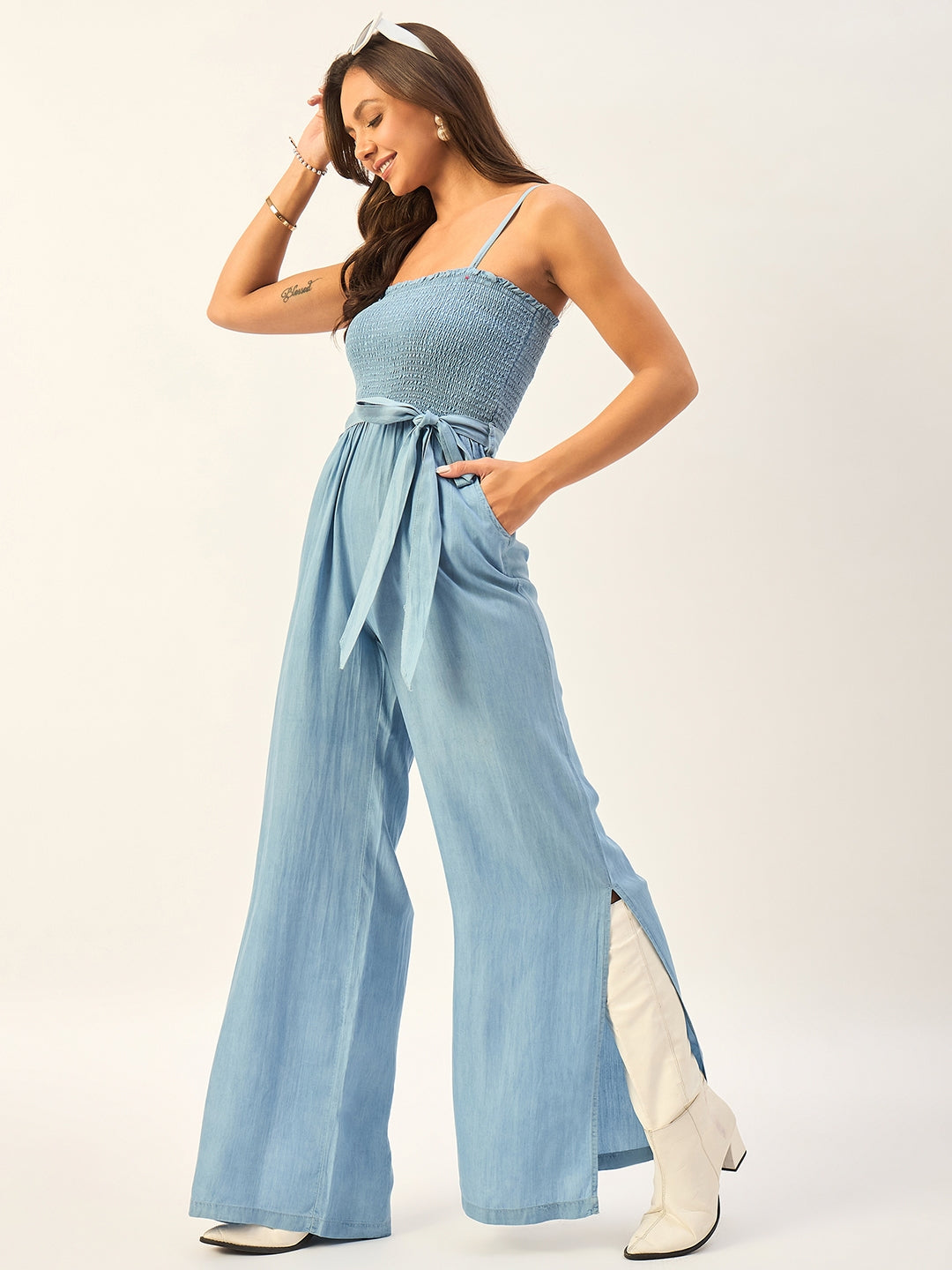 SMOCKED CAMISOLE TENCEL JUMPSUIT WITH SIDE SLITS