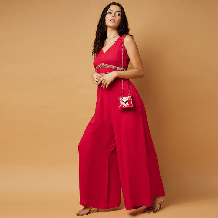 V' Neck Solid Flare Jumpsuit With Embellishment