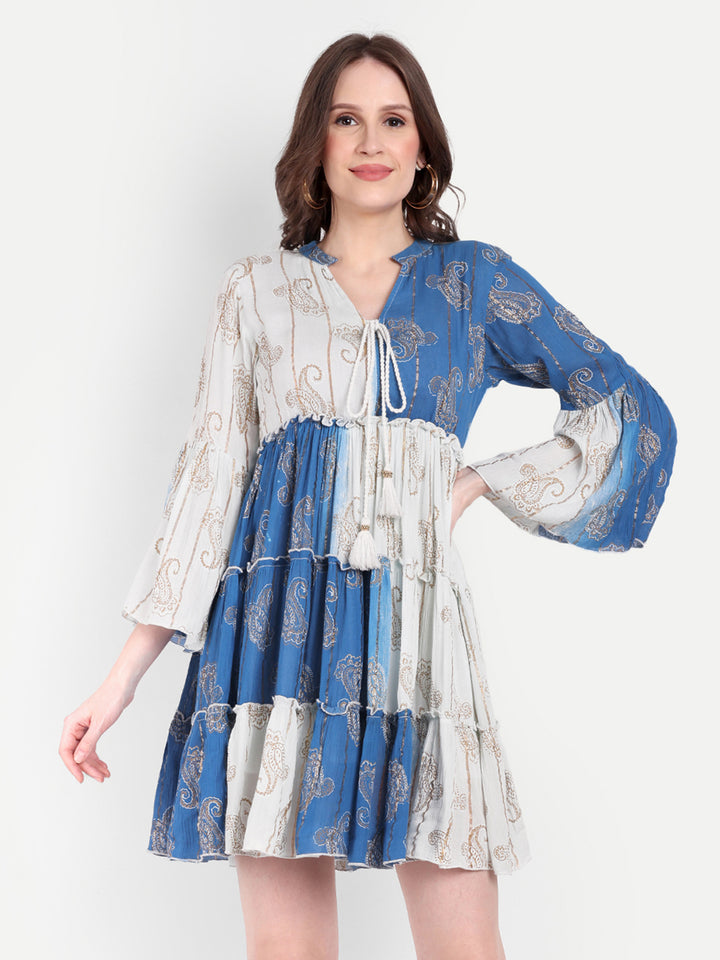 PRINTED TIERED SHORT DRESS WITH BELL SLEEVES