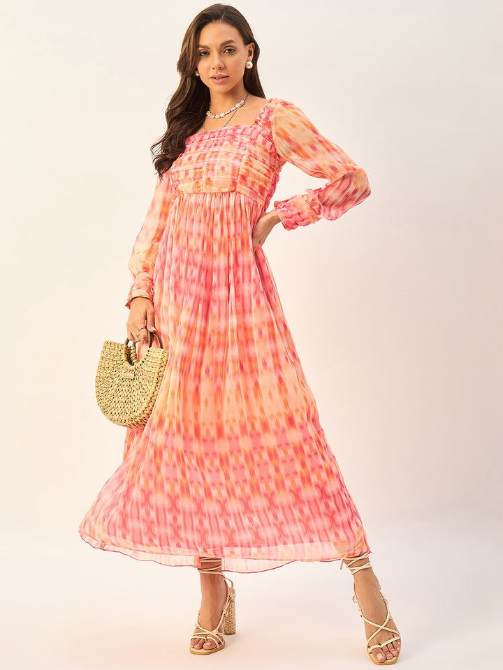 PRINTED FULL SLEEVE CHIFFON MIDI DRESS