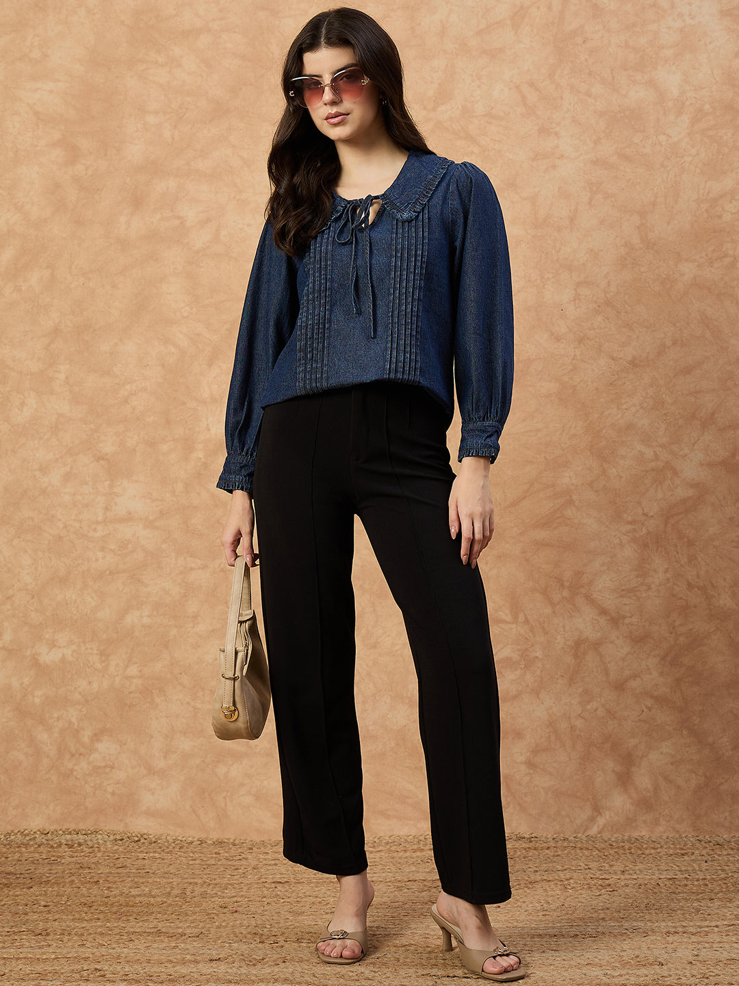 Women’s Dark Blue Denim Top with peter pan Collar & Pin-Tuck Detailing