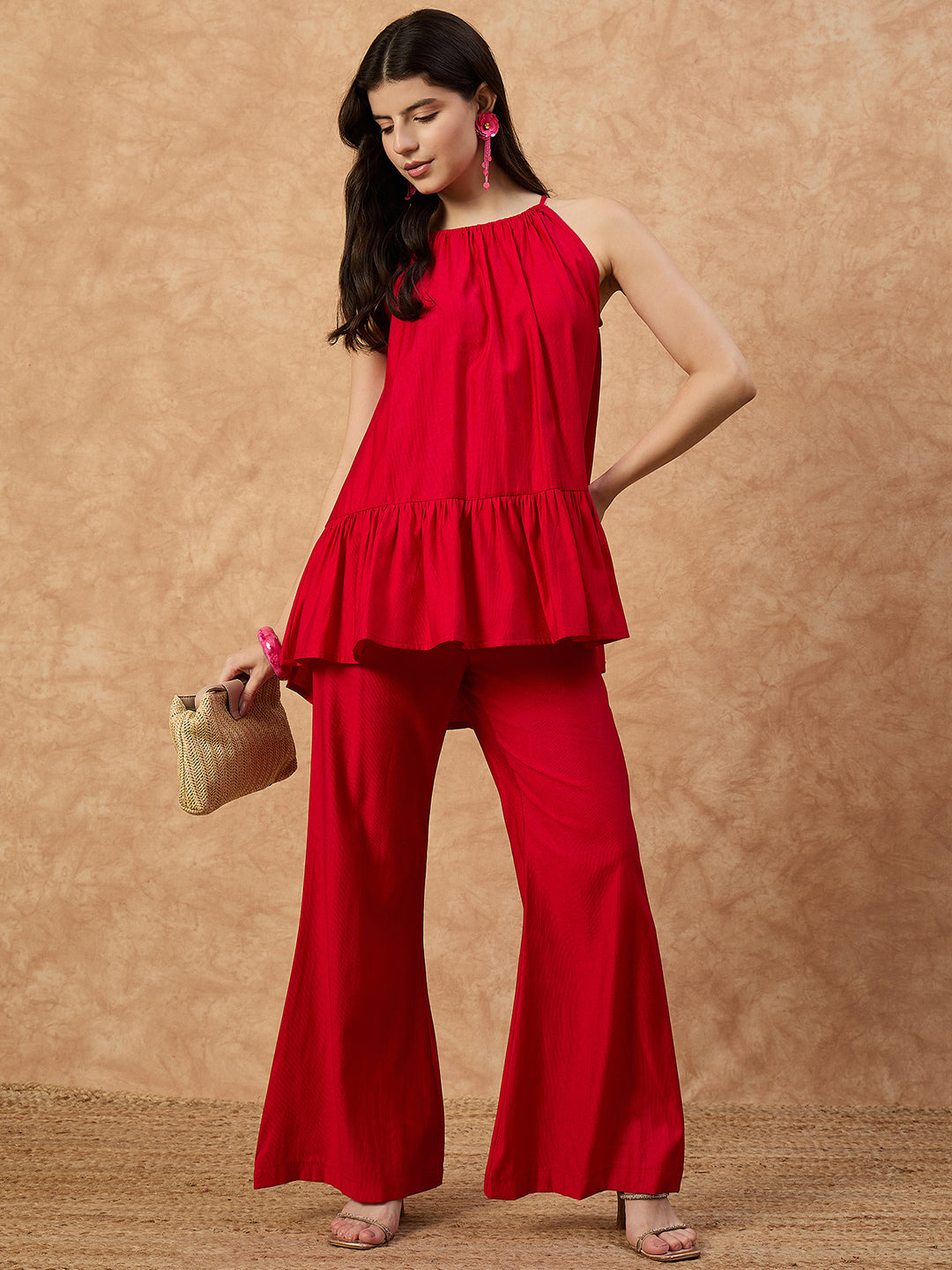 Women’s  Red Sleeveless Top with Flared Pants Co-ord Set