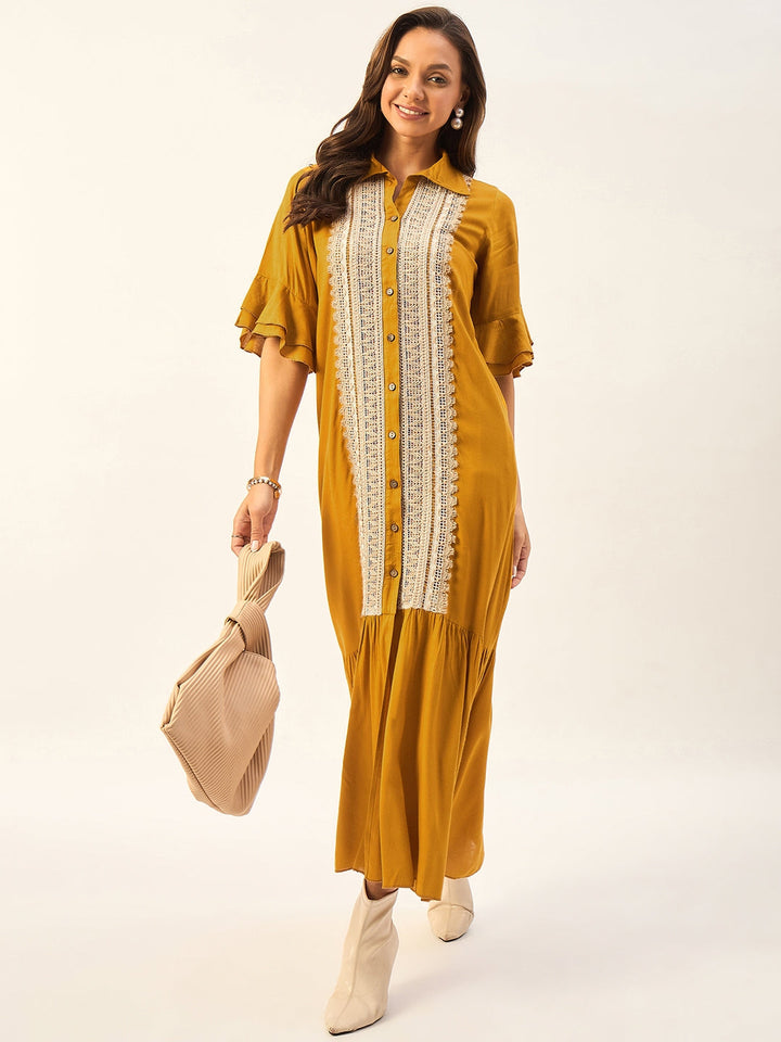 SHIRT COLLAR MAXI DRESS WITH BELL SLEEVES