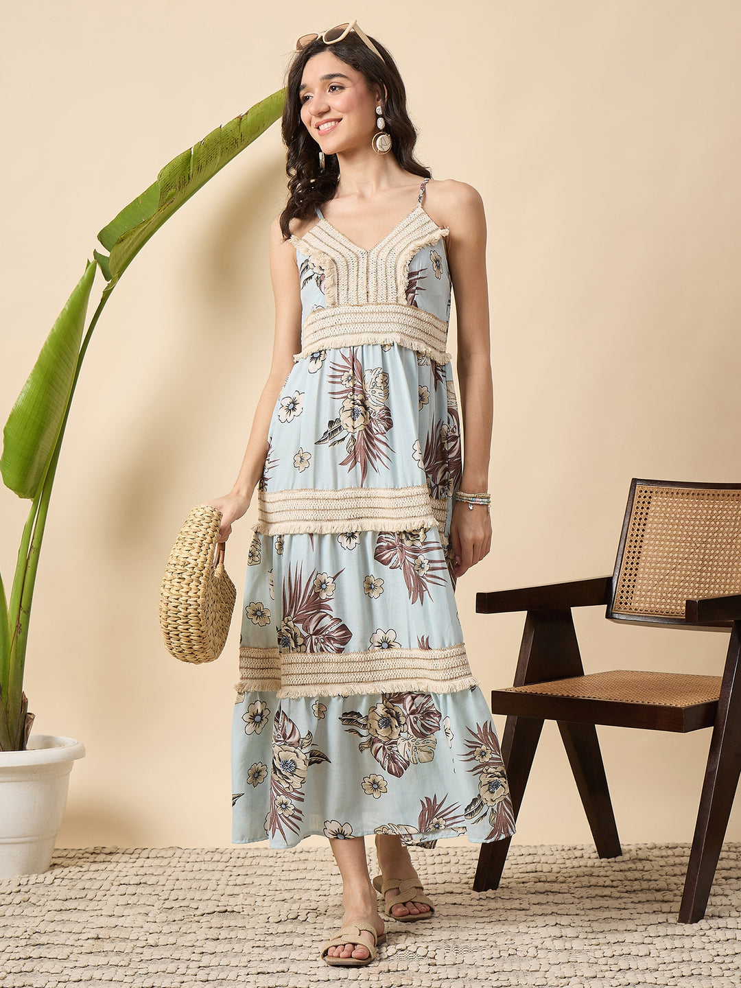 floral printed  tiered spaghetti dress with laces