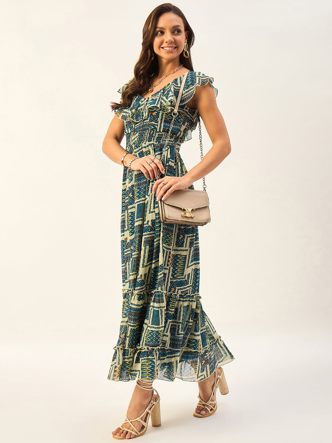 PRINTED SLEEVELESS A-LINE TEIRED DRESS