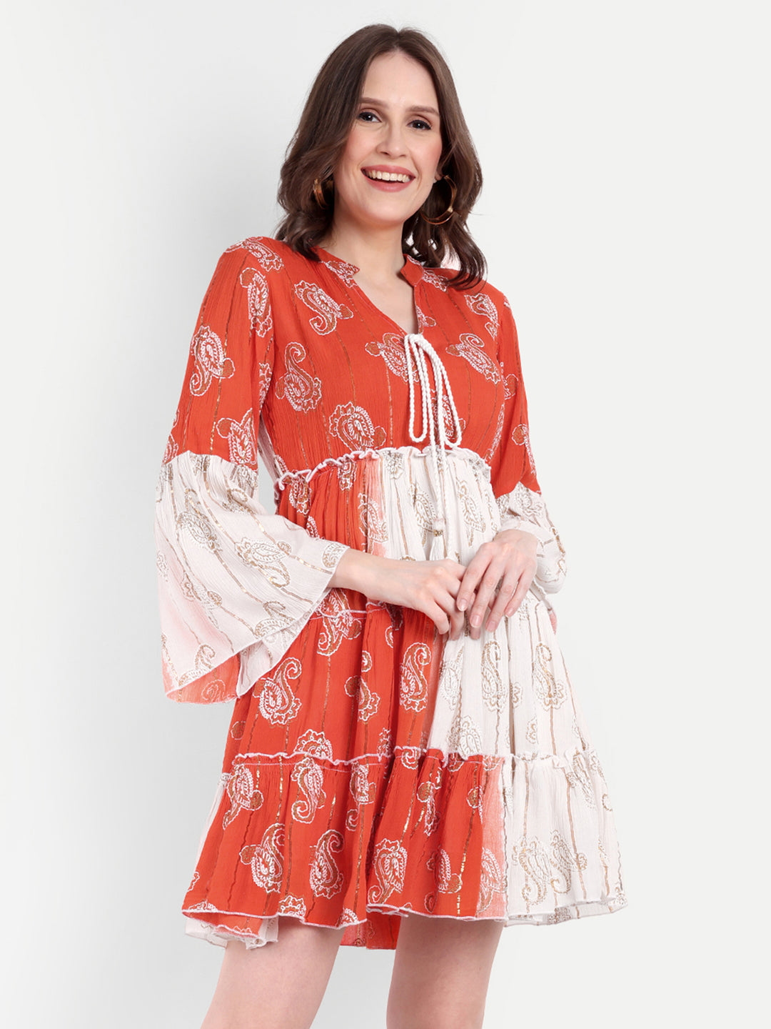 PRINTED TIERED SHORT DRESS WITH BELL SLEEVES