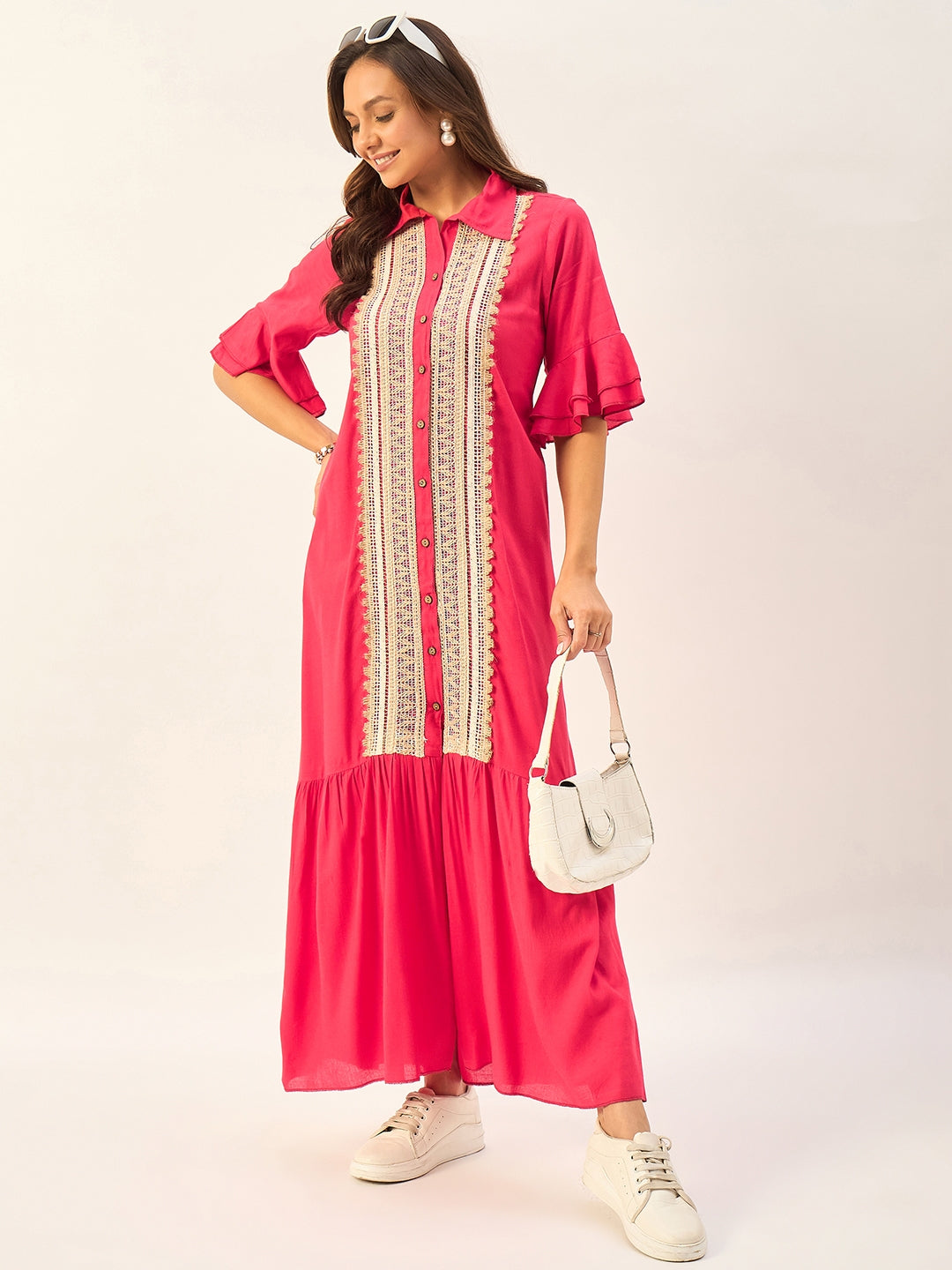 SHIRT COLLAR MAXI DRESS WITH BELL SLEEVES