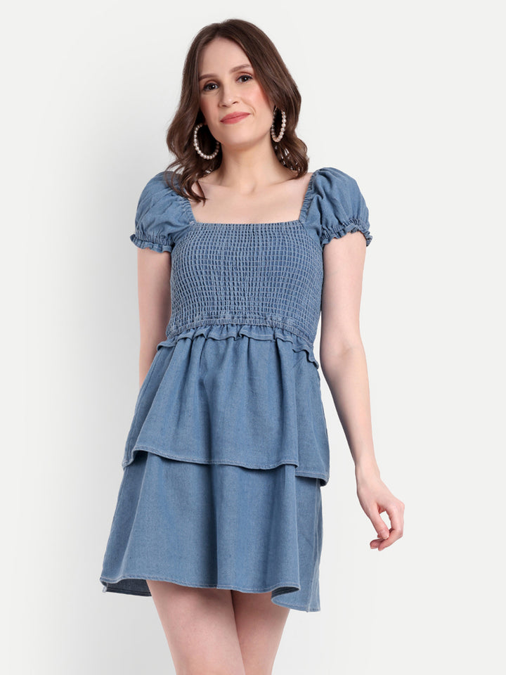 DENIM SHORT DRESS WITH PUFF SLEEVES