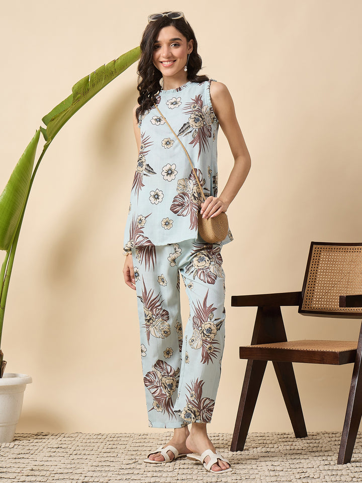 floral printed  short kurta and pant cotton set