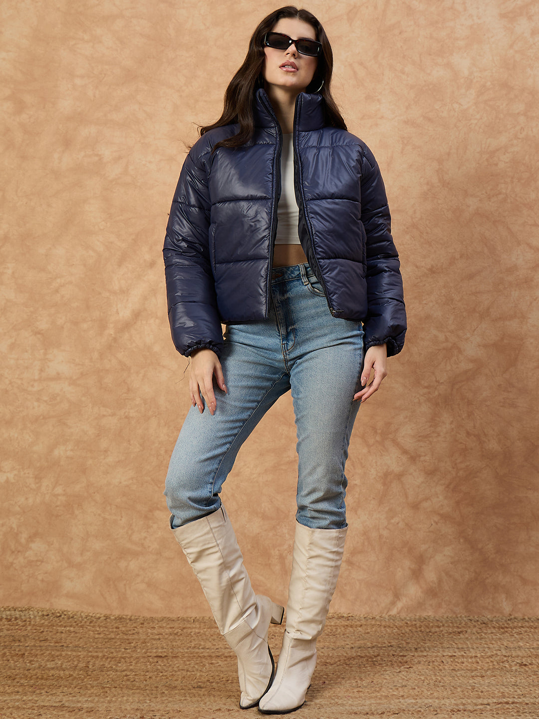 Women's  Blue High-Neck Puffer Jacket