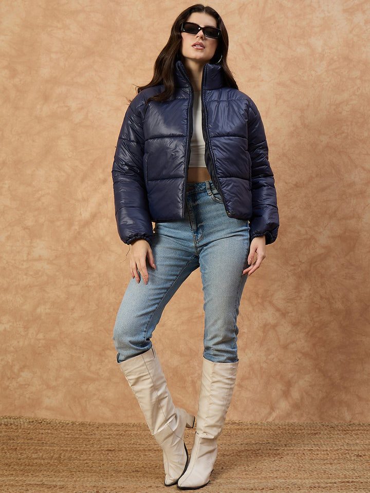 Women's  Blue High-Neck Puffer Jacket