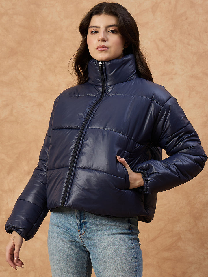 Women's  Blue High-Neck Puffer Jacket