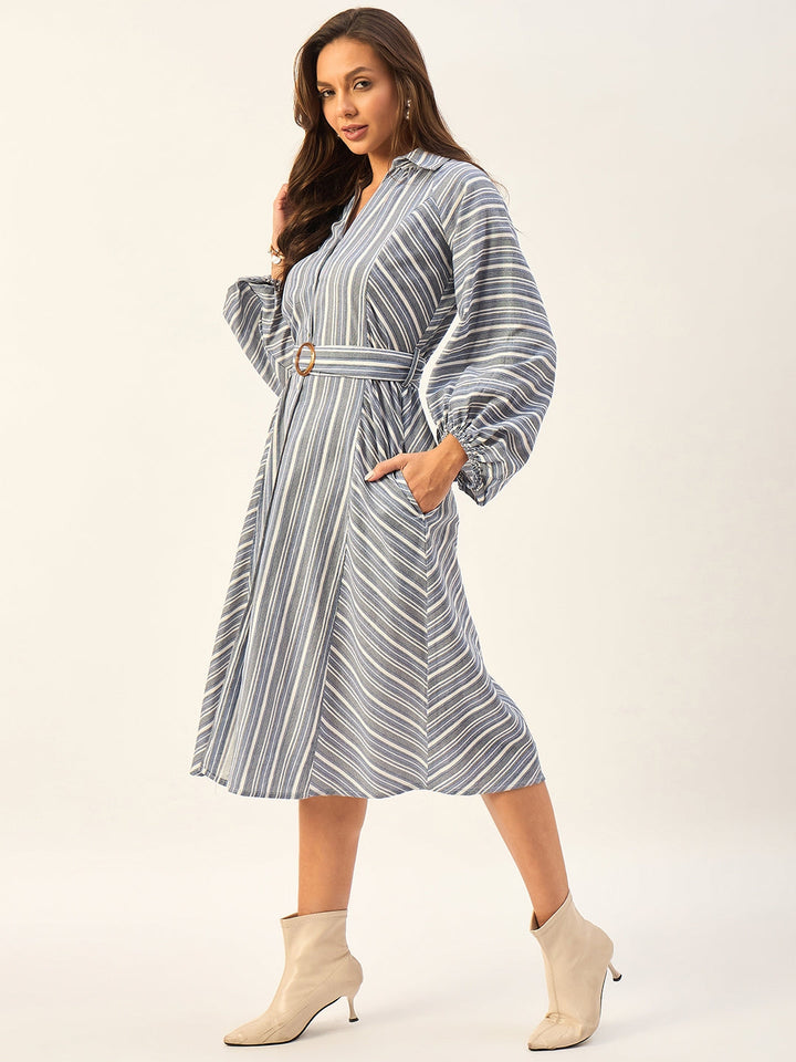 100% COTTON STRIPED DRESS WITH BALLOON SLEEVES AND BELT