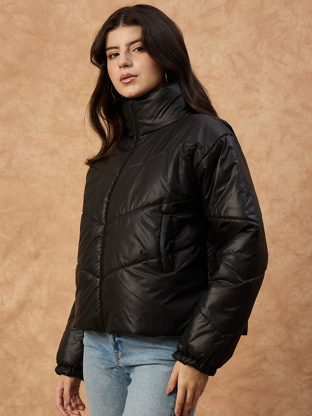Women's  Blue High-Neck Puffer Jacket