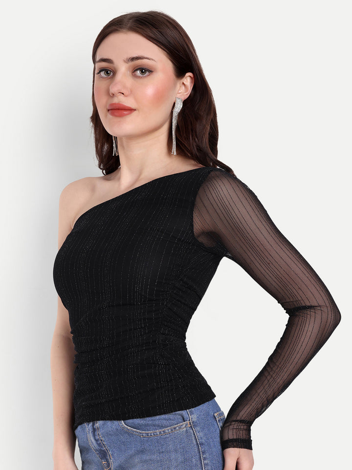 Stretchable shimmer net one-shoulder top