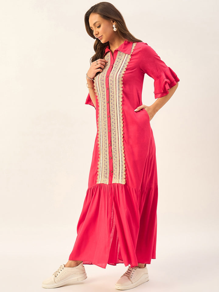 SHIRT COLLAR MAXI DRESS WITH BELL SLEEVES