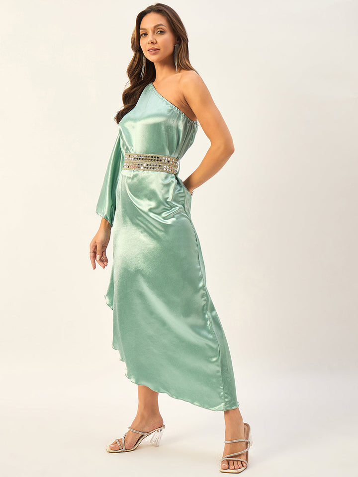 one shoulder kaftan dress with mirror work belt