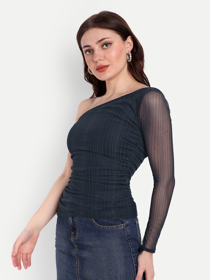 Stretchable shimmer net one-shoulder top