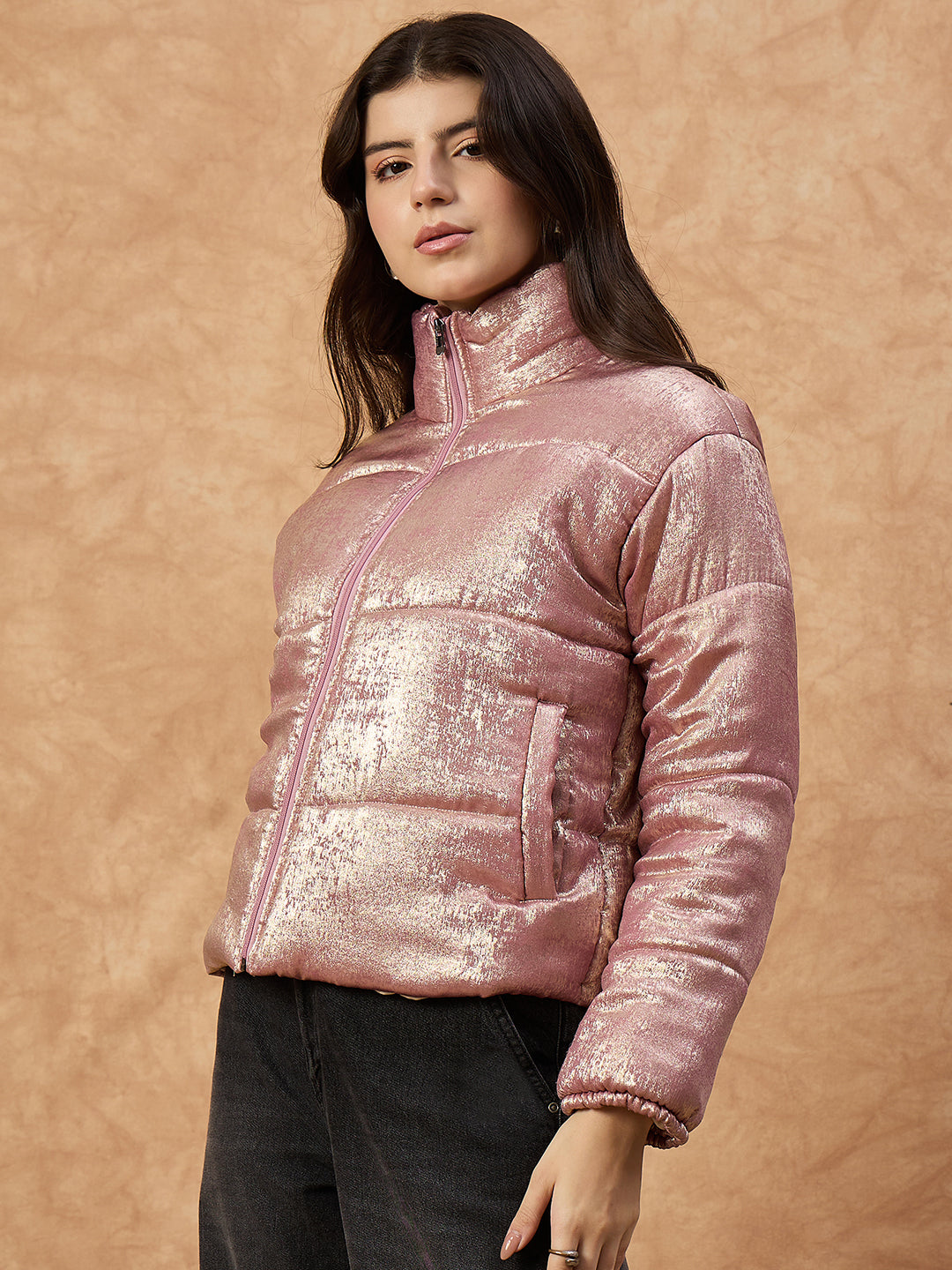 Women's Grey High-Neck Puffer Jacket