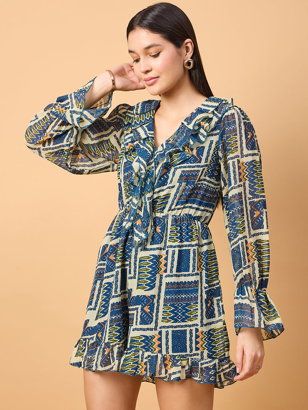 Printed V neck full sleeves romper with ruffles