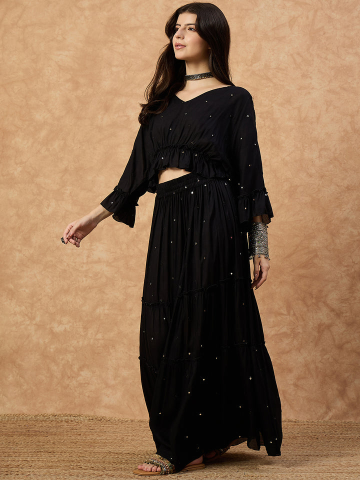 Women’s Black Rayon Co-ord Set with Mirror Work