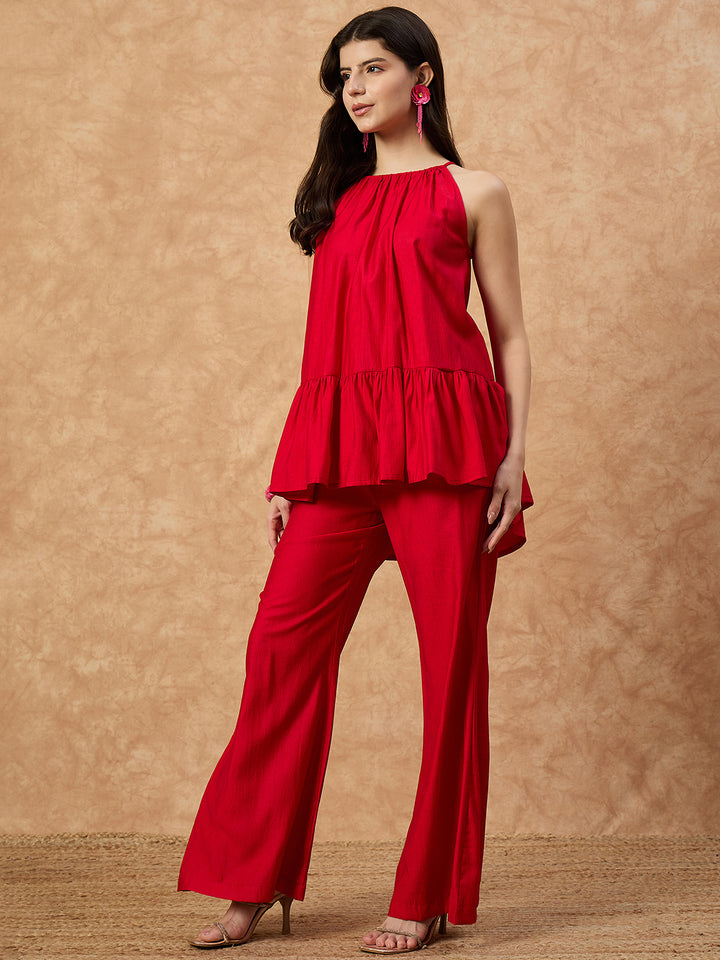 Women’s  Red Sleeveless Top with Flared Pants Co-ord Set
