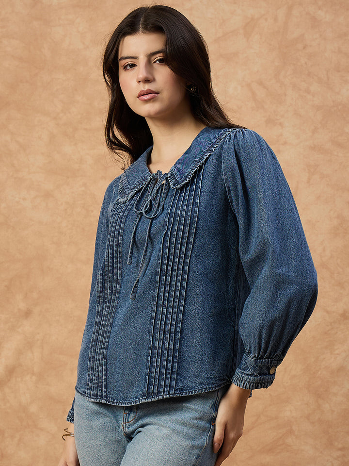 Women’s Dark Blue Denim Top with peter pan Collar & Pin-Tuck Detailing