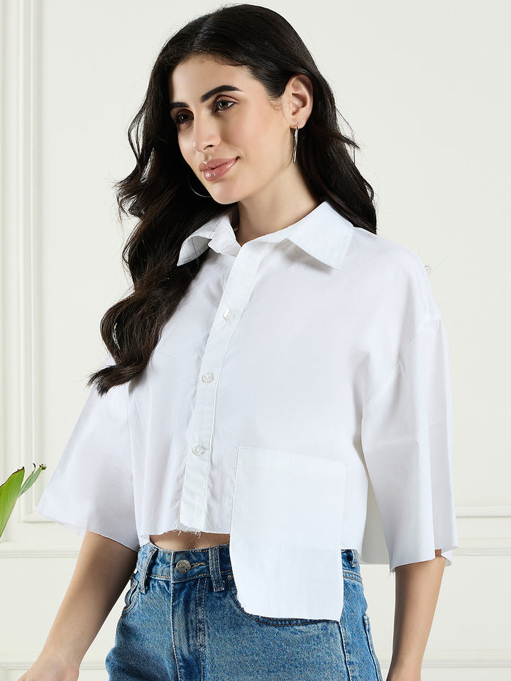 Women casual cotton shirt with fake pockets