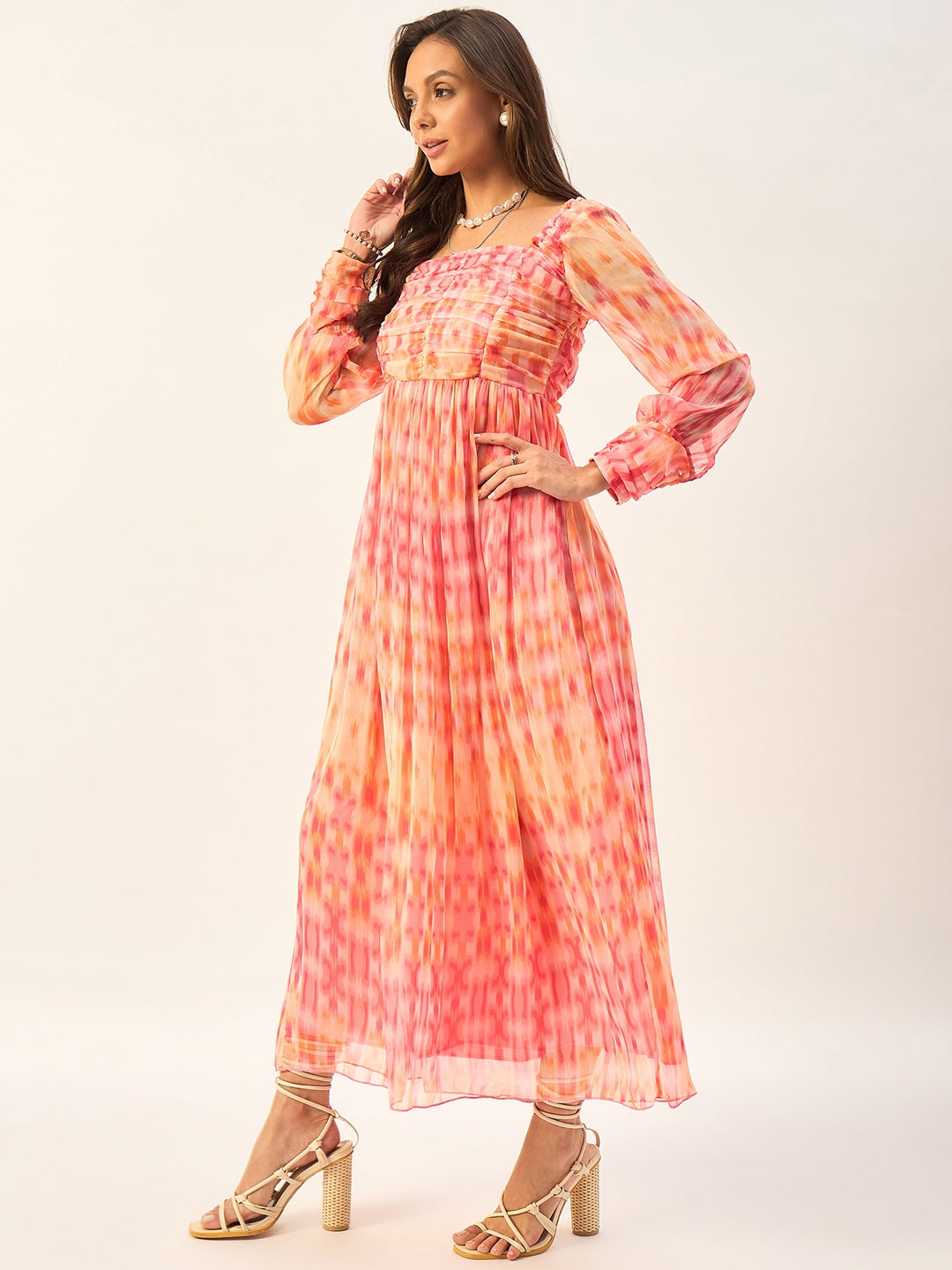 PRINTED FULL SLEEVE CHIFFON MIDI DRESS