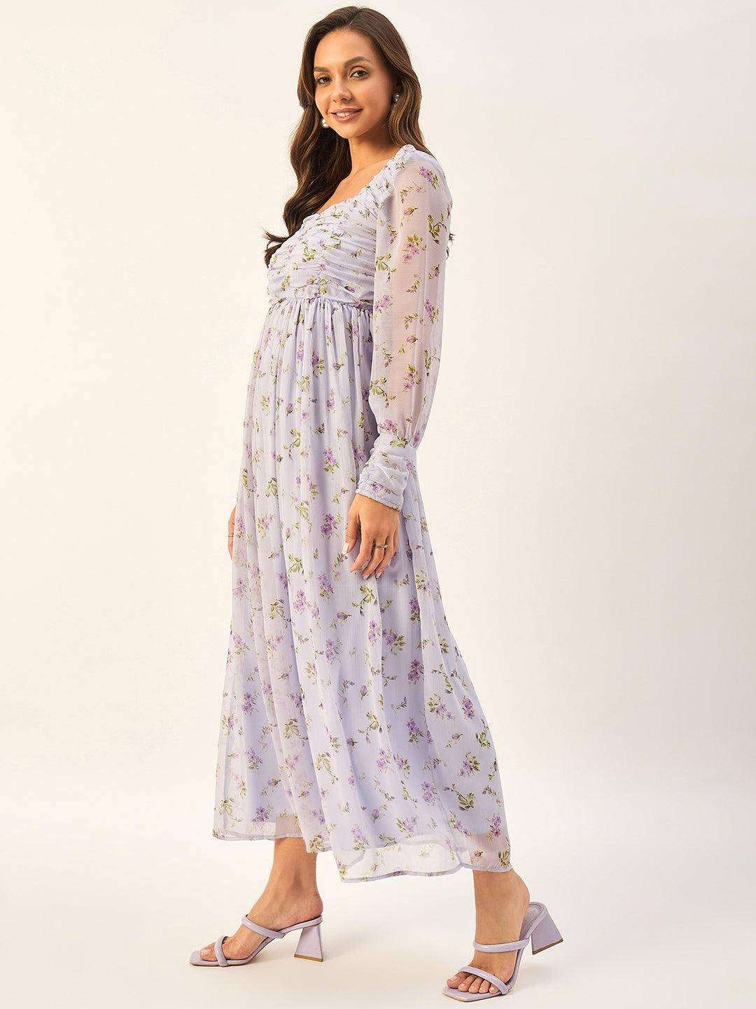 PRINTED FULL SLEEVE CHIFFON MIDI DRESS