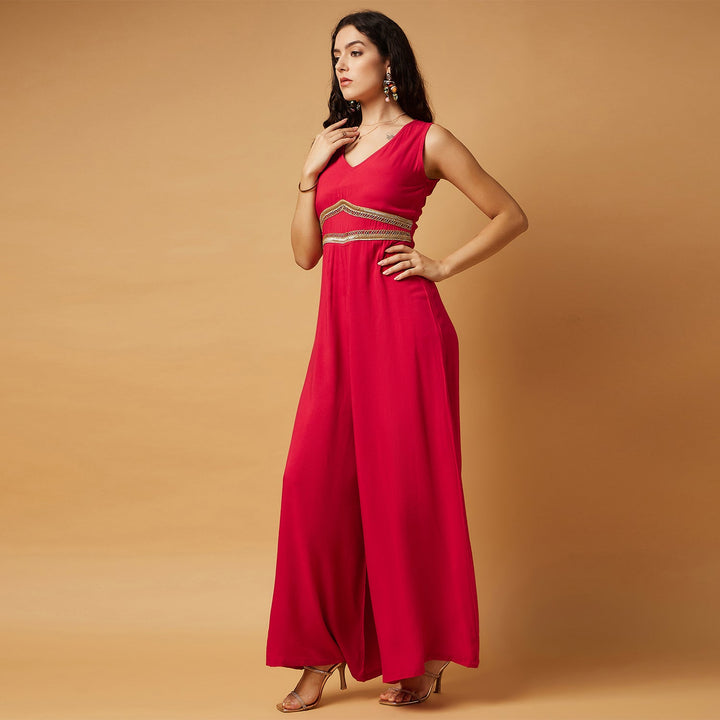 V' Neck Solid Flare Jumpsuit With Embellishment