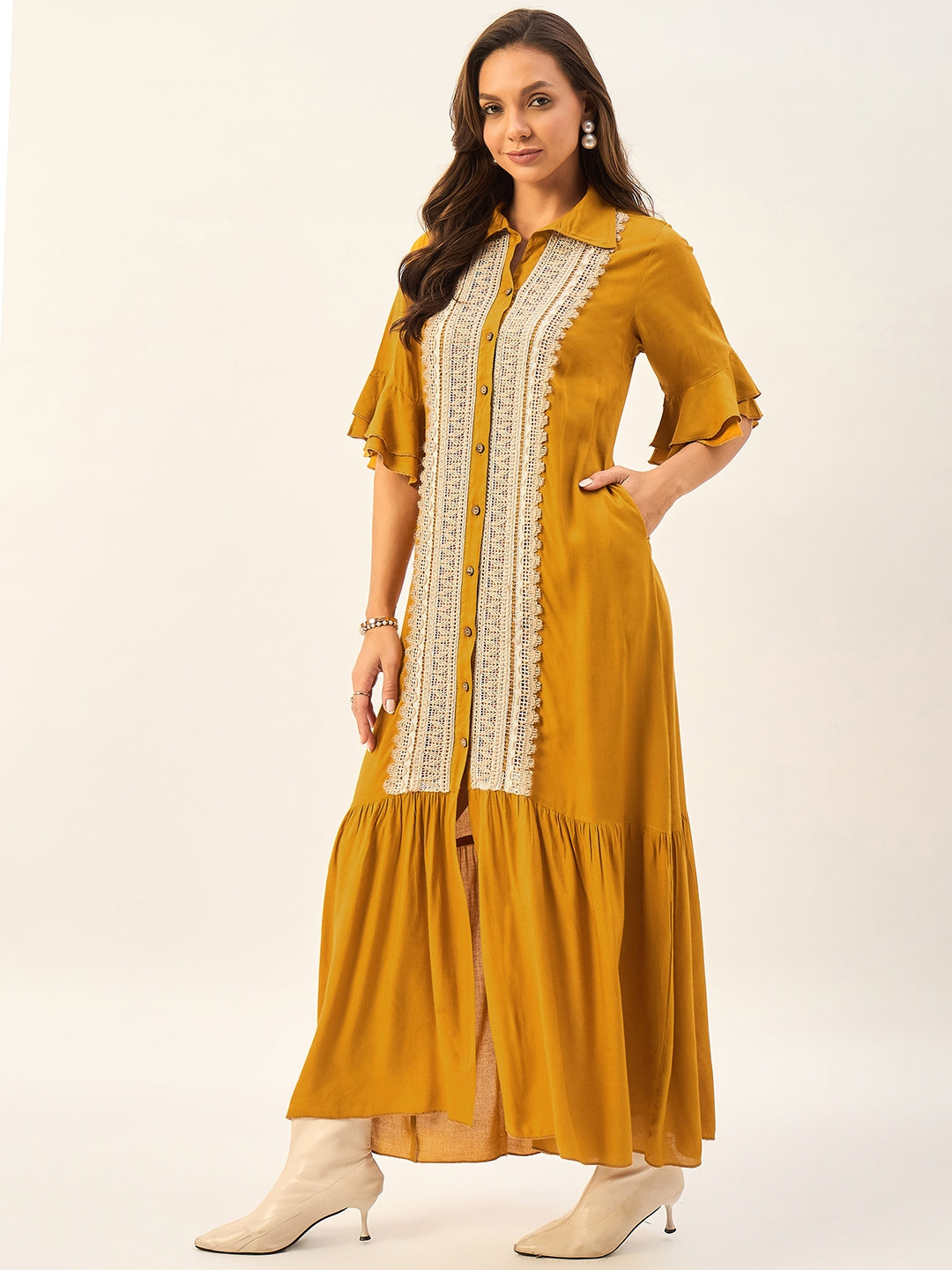 SHIRT COLLAR MAXI DRESS WITH BELL SLEEVES