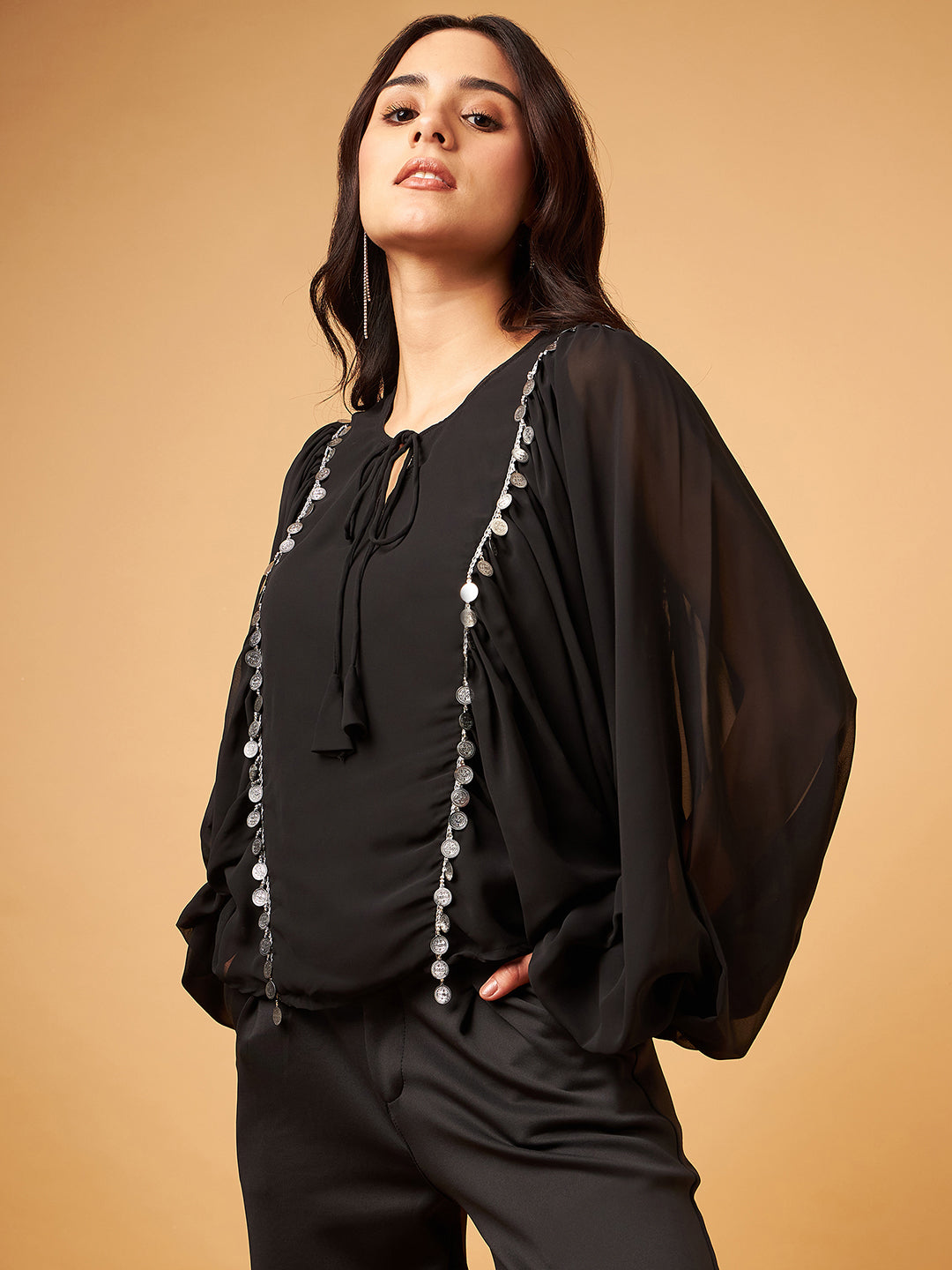 Chiffon Top with Oversize Sleeve and Embellishment