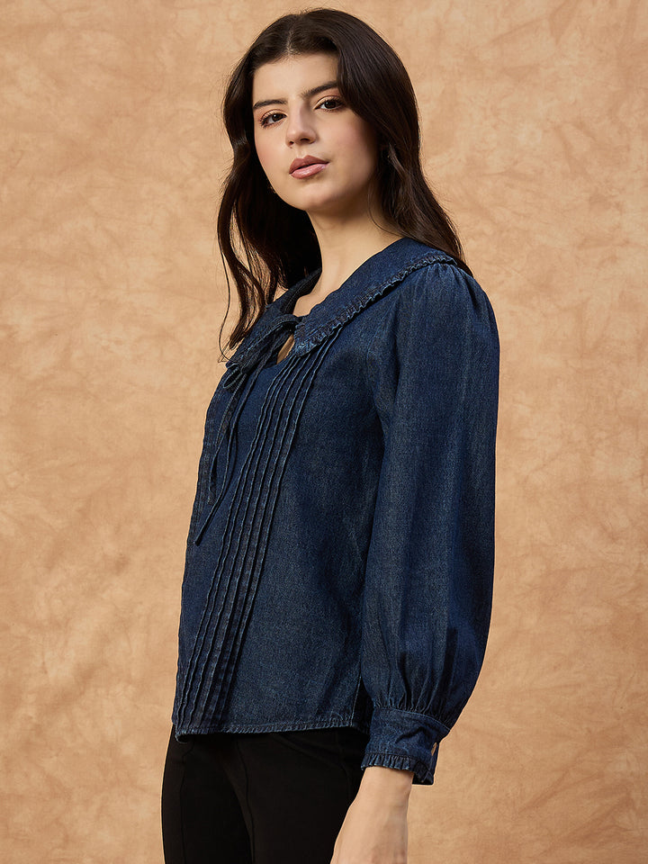 Women’s Dark Blue Denim Top with peter pan Collar & Pin-Tuck Detailing