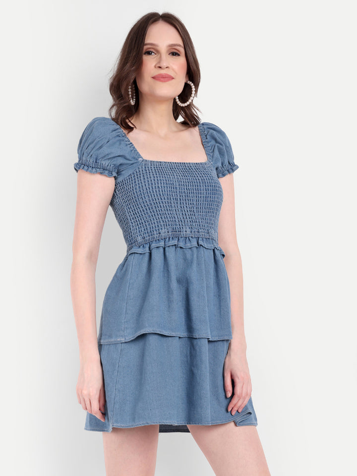 DENIM SHORT DRESS WITH PUFF SLEEVES