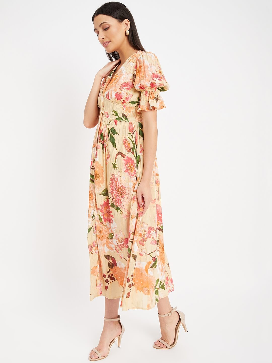 Floral Printed Beige Smoked Dress