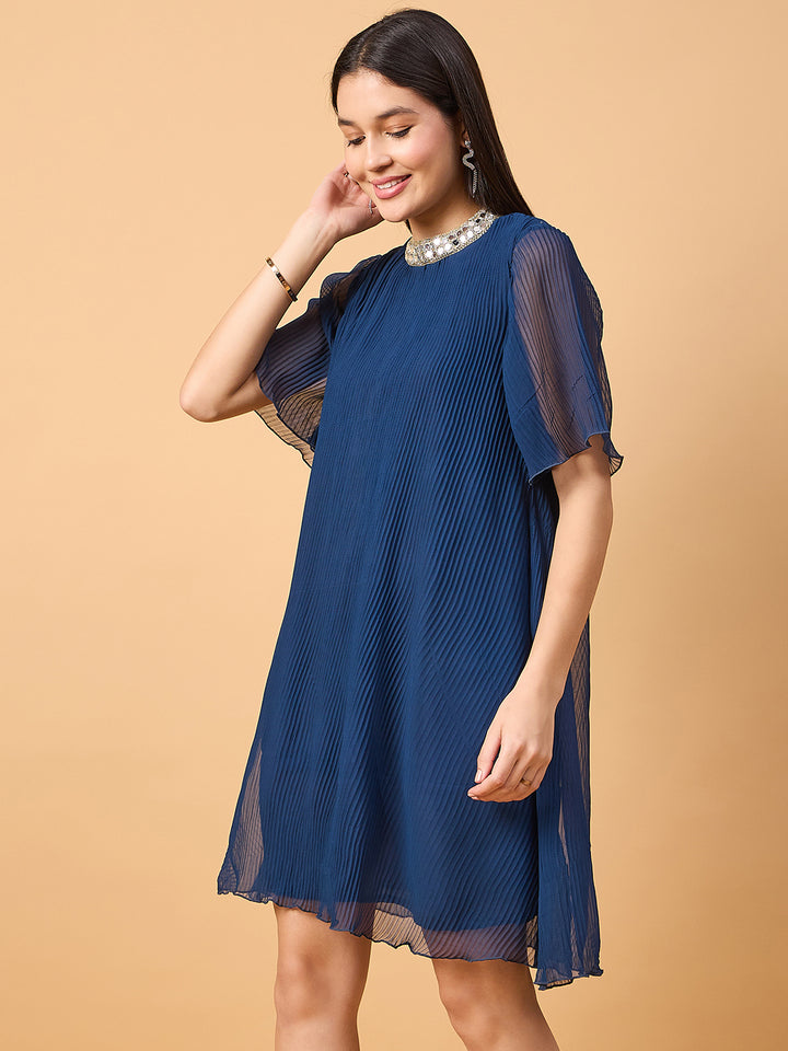 A-LINE SHORT DRESS WITH EMBELLISHED NECKLINE