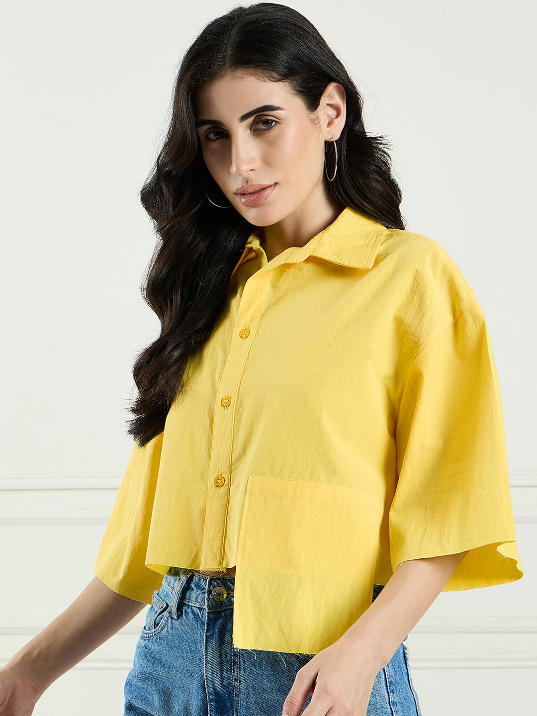 Women casual cotton shirt with fake pockets