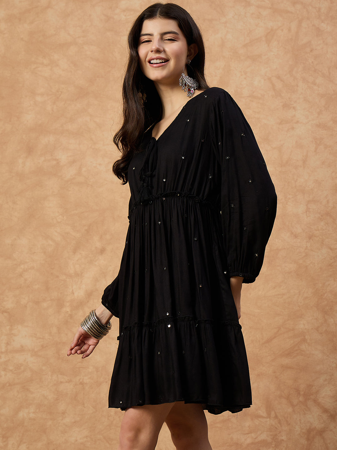 Women’s Black Mirror Work Short Dress in Soft Rayon