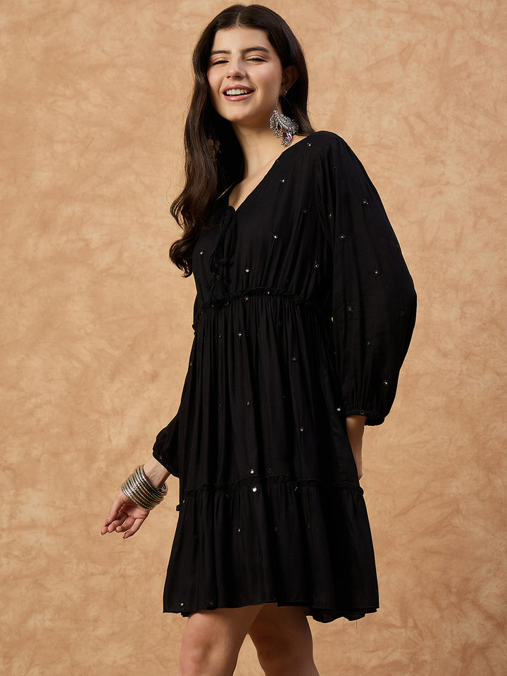 Women’s Black Mirror Work Short Dress in Soft Rayon