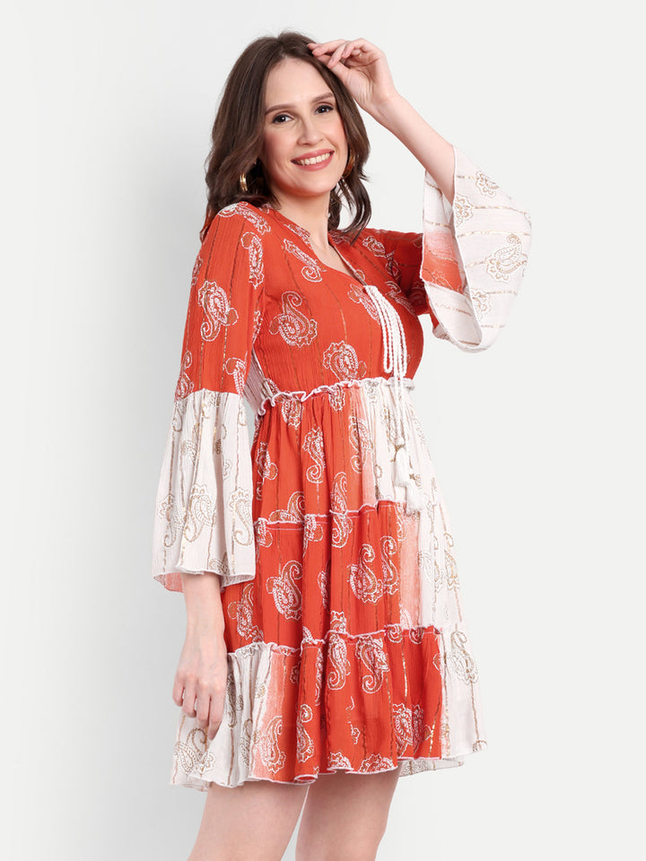 PRINTED TIERED SHORT DRESS WITH BELL SLEEVES