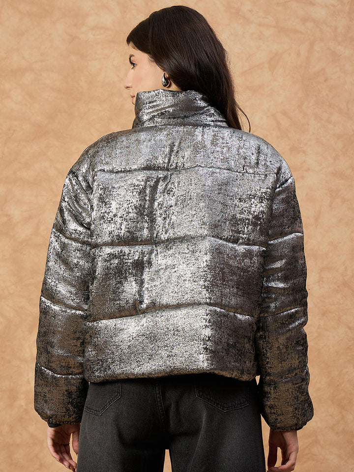 Women's Grey High-Neck Puffer Jacket