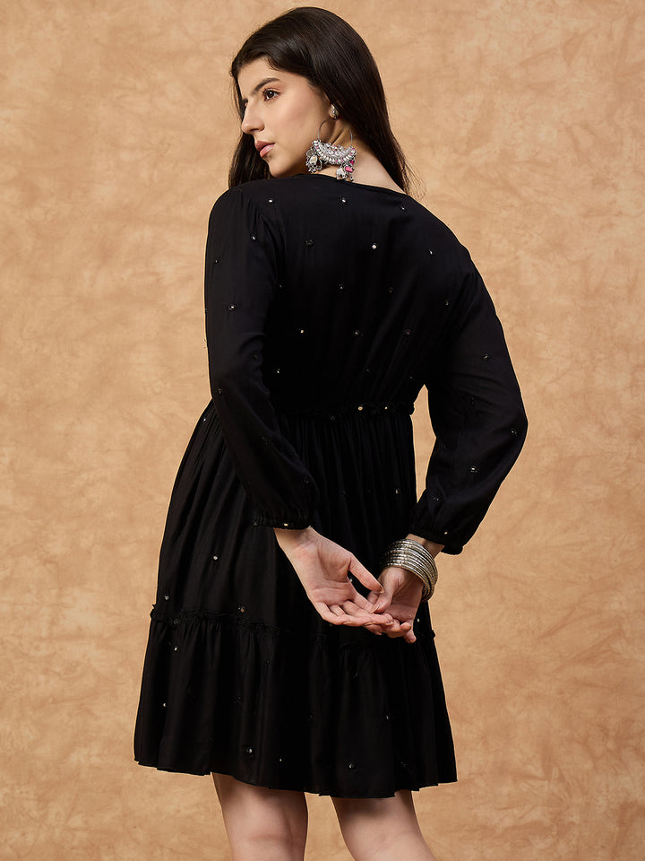 Women’s Black Mirror Work Short Dress in Soft Rayon