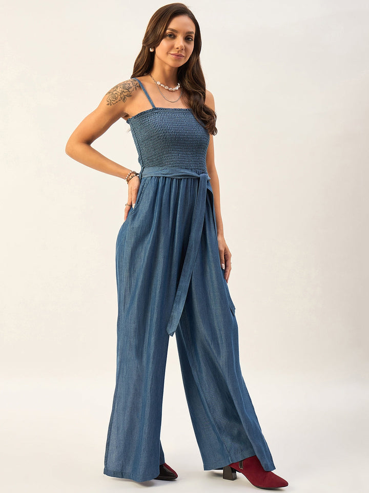 SMOCKED CAMISOLE TENCEL JUMPSUIT WITH SIDE SLITS