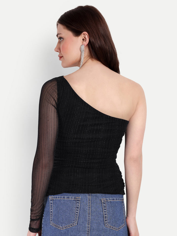 Stretchable shimmer net one-shoulder top