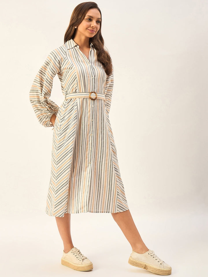 100% COTTON STRIPED DRESS WITH BALLOON SLEEVES AND BELT