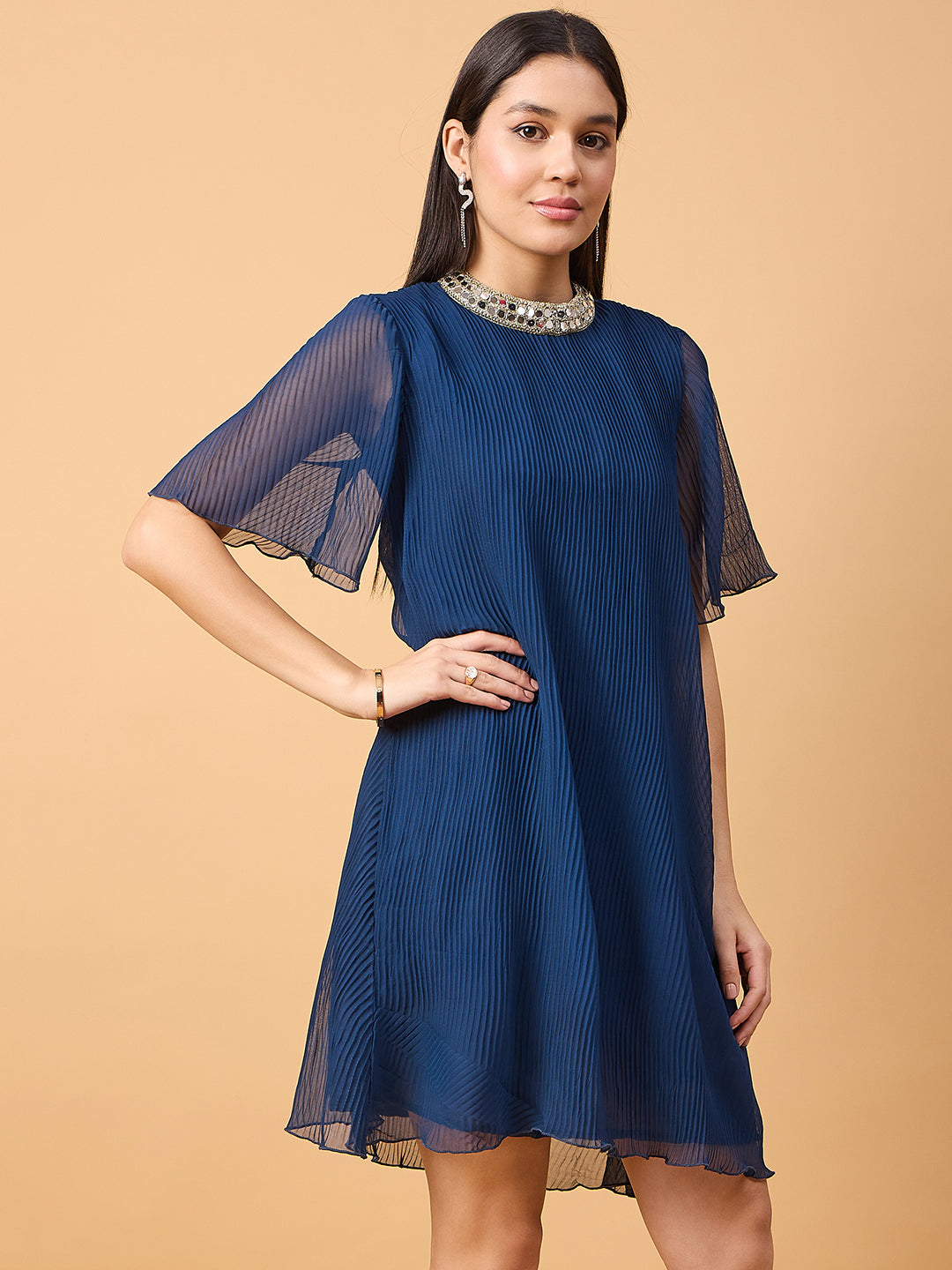 A-LINE SHORT DRESS WITH EMBELLISHED NECKLINE