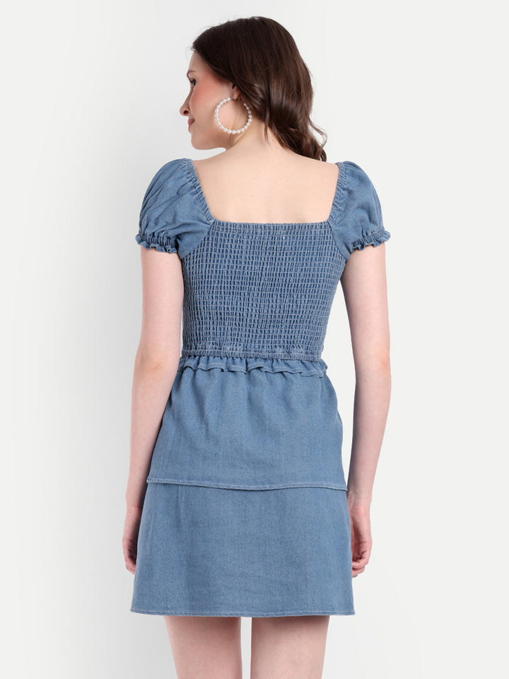 DENIM SHORT DRESS WITH PUFF SLEEVES