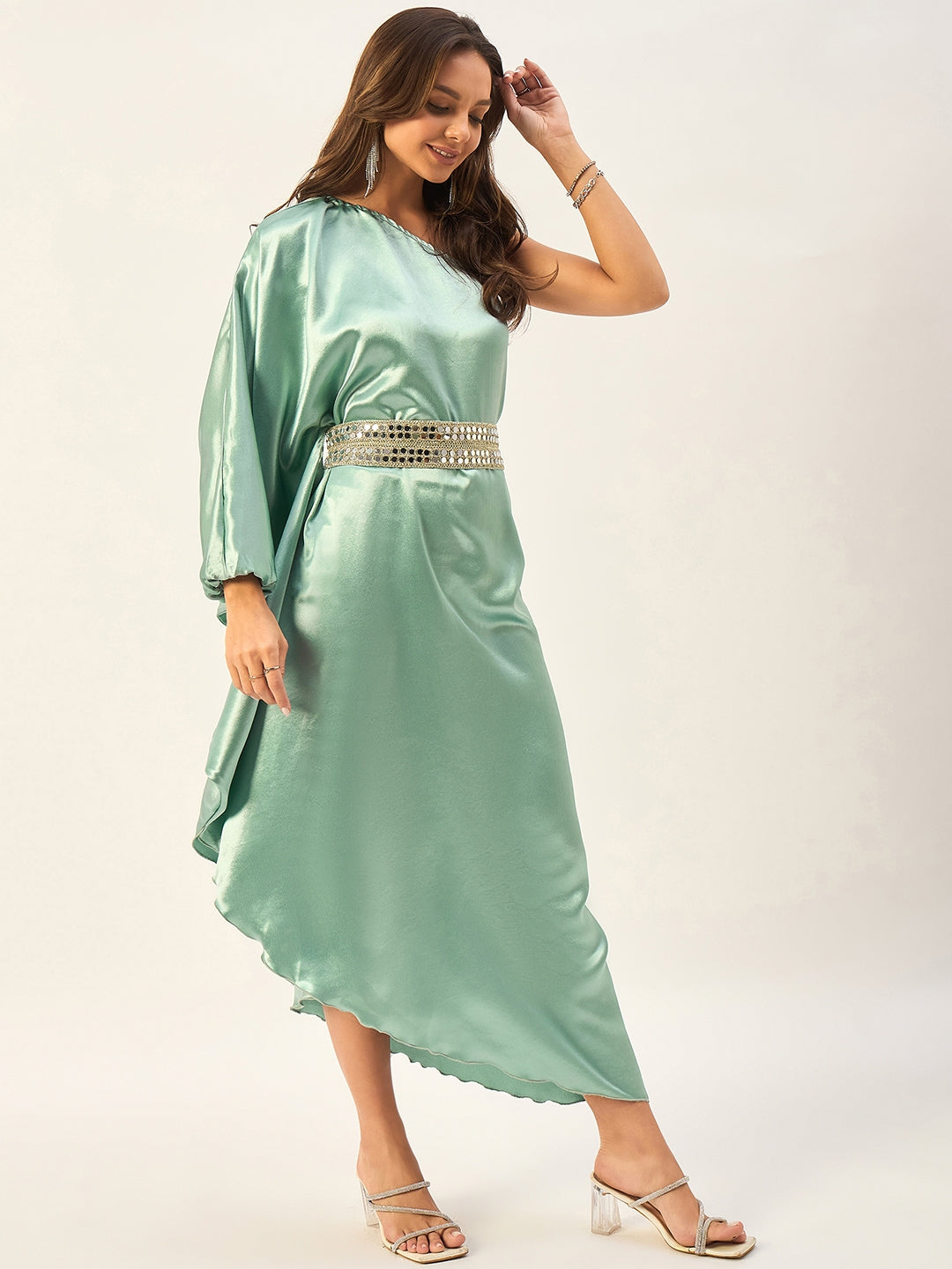 one shoulder kaftan dress with mirror work belt